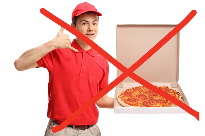 A pizza delivery person with a red X through them.