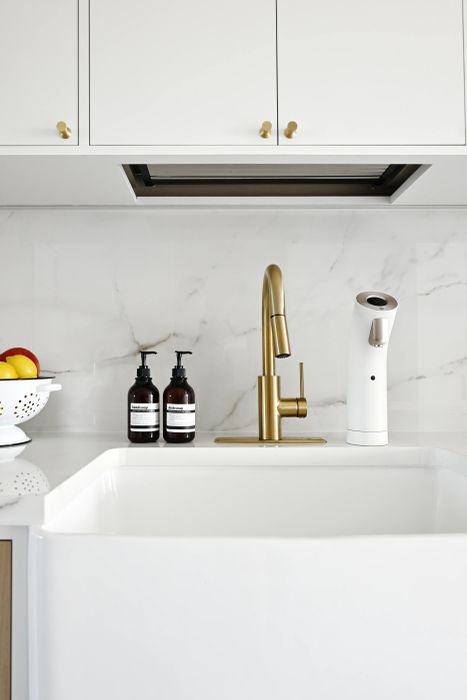A spacious, modern kitchen sink featuring a sleek gold faucet, built-in soap dispensers, and a fruit bowl elegantly placed on the countertop.