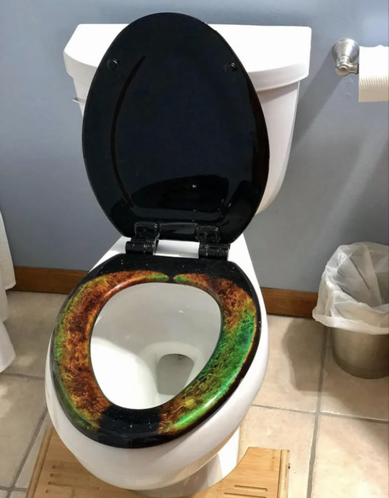 A toilet with a remarkably vibrant seat and the lid left open
