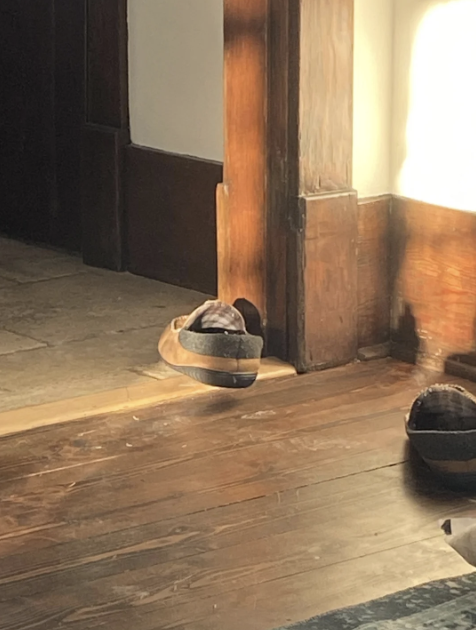 A pair of slippers positioned close to a wooden beam and wall inside a room filled with natural light.