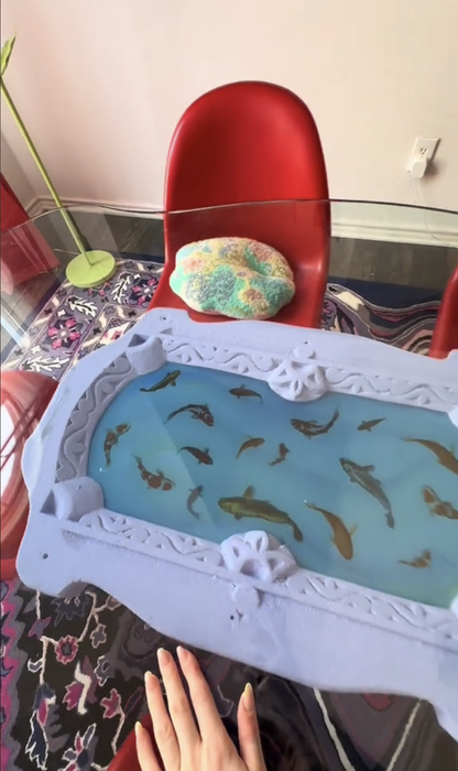 A one-of-a-kind aquarium coffee table filled with fish, surrounded by stylish home furnishings