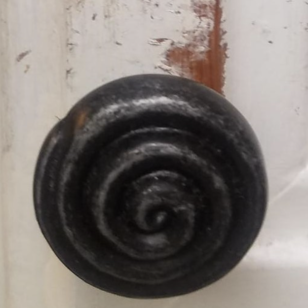 A cabinet knob with paint chipped around its edges