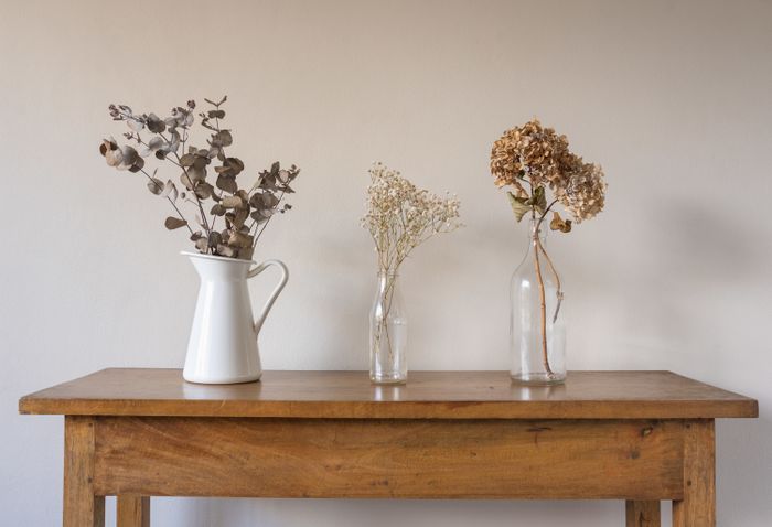 A collection of white and glass vases with simple plants arranged on a table