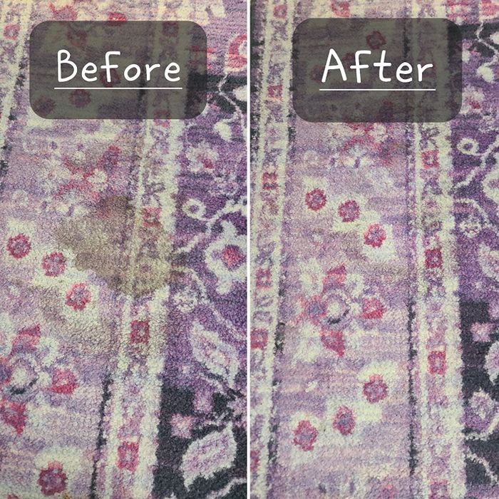 Before and after shots feature a rug covered in stains on the left and a pristine, clean rug on the right, demonstrating the power of a cleaning product.