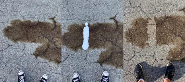 A series of customer review photos showing an oil stain being removed from the sidewalk.