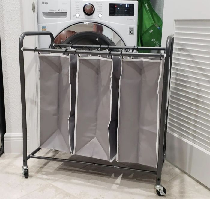 The same cart, now in a laundry room, appears in a sleek gray color.