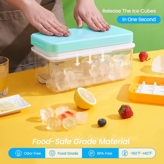 Hands pressing on a silicone ice cube tray above a kitchen counter, releasing ice cubes into a container. Text highlights product features.