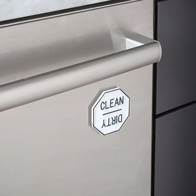 A hexagonal magnet with 'Clean' on one side and 'Dirty' on the other, making dish duty a no-brainer.