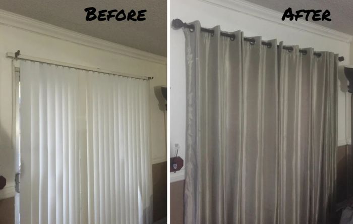A customer’s before-and-after photo showing their window first with vertical blinds and then with curtains