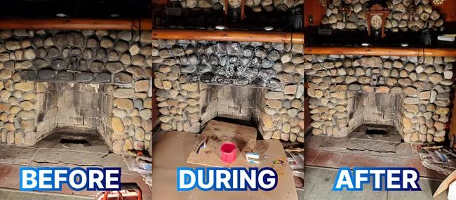 Three images of a stone fireplace, labeled to show the transformation before and after using the fireplace cleaner.