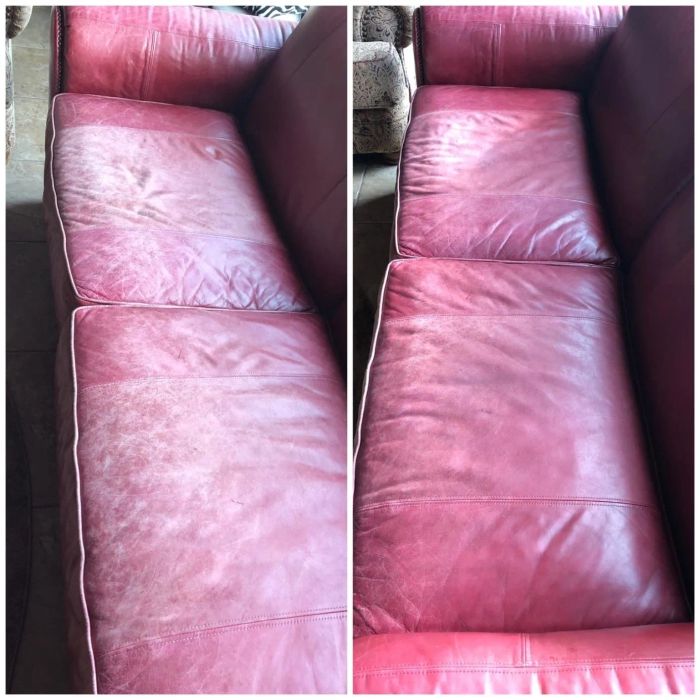 reviewer's before-and-after photo of a red, worn-out couch that looks significantly improved after using the leather conditioner.