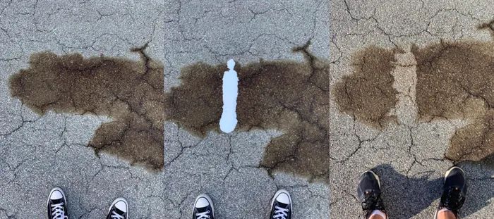 A collection of customer photos showcasing the removal of an oil stain from the sidewalk