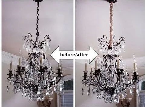 A chandelier with an exposed chain, followed by a photo showing the chain neatly covered