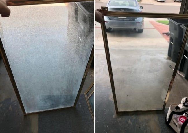 A before-and-after photo of a shower door, with the before showing a cloudy film and the after showing a pristine, clear surface
