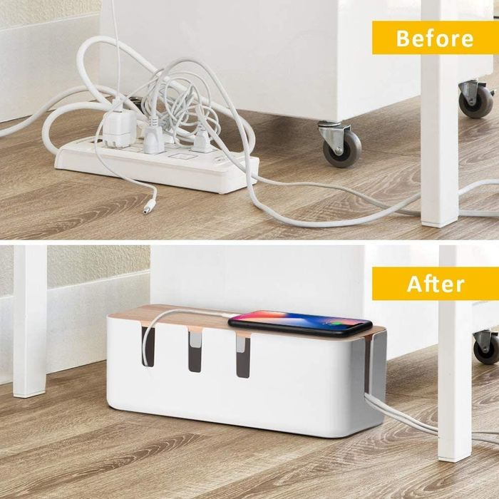 A before-and-after picture showing a messy power strip in the first image and a neat, organized box containing the same power strip in the second image.