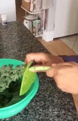 A person using a green kale stripper to separate kale leaves from the stalks into a bowl in a kitchen.
