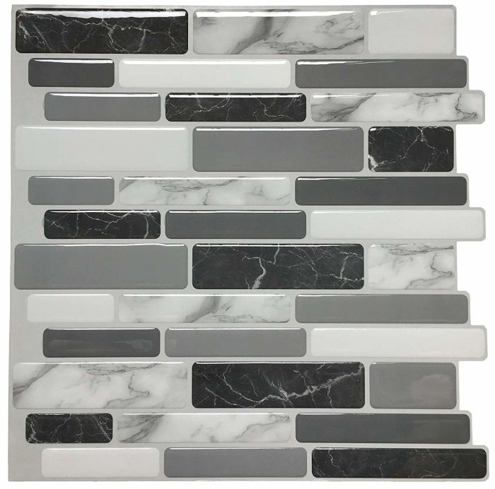 A single sheet of the peel-and-stick backsplash, ready to be applied for a quick kitchen transformation.