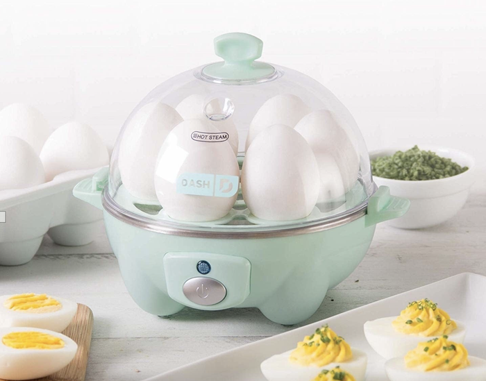The rapid egg cooker in a refreshing mint green color