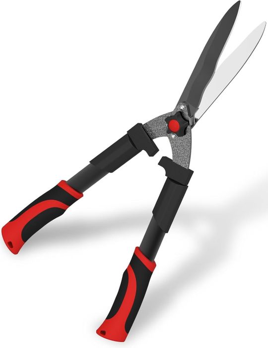 Garden hedge shears with ergonomic black handles, steel blades, and a central pivot