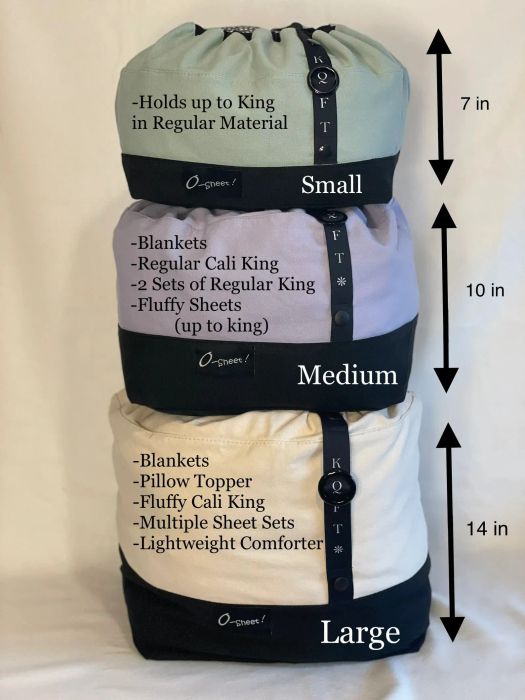a photo showcasing the three bedding organizer sizes: small, medium, and large