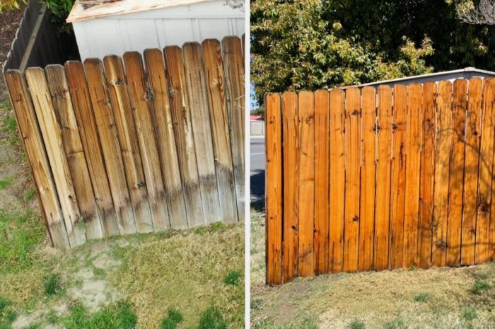 Two side-by-side images of a wooden fence: the left side shows it weathered and worn, while the right side showcases a beautifully restored transformation