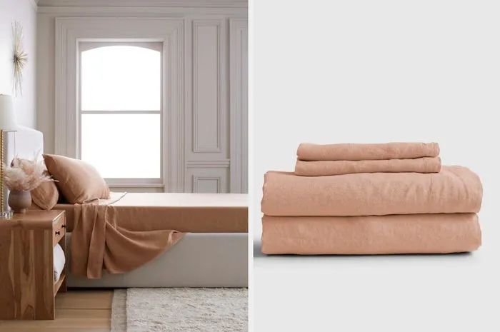 Neatly folded beige bedding set next to an image of the same set on a bed in a minimalist, neutral-toned room