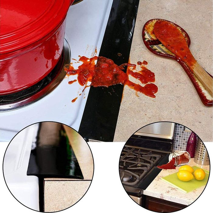 A close-up of the crumb catcher placed along the edge of the stovetop and countertop.