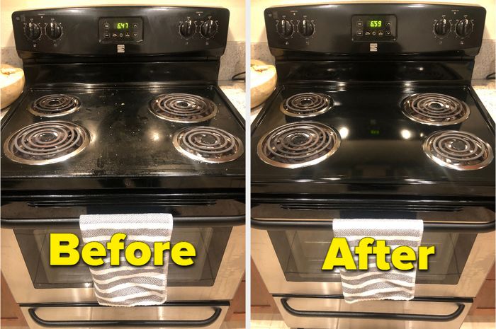 Before and after images showing a stove that was initially dirty and then thoroughly cleaned