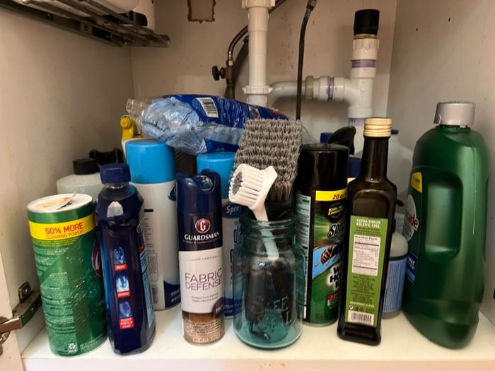 A range of cleaning supplies—sprays, bottles, and brushes—are neatly organized in a cabinet under the sink.