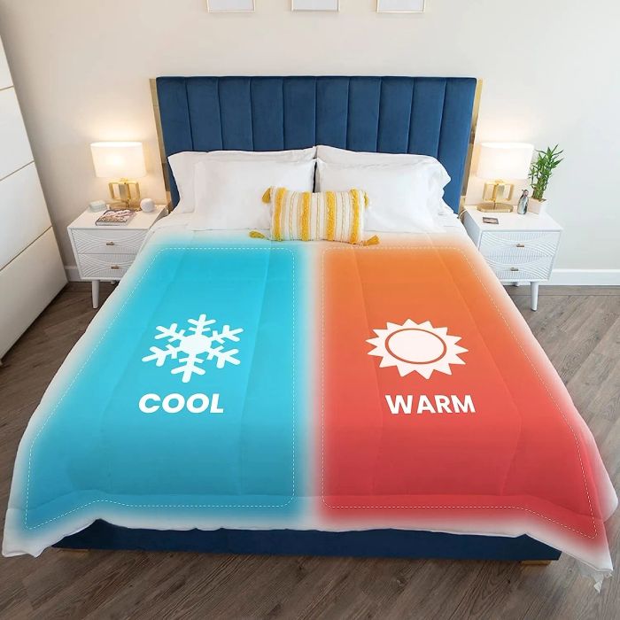 A dual-zone comforter with one side labeled 'COOL' and the other 'WARM,' perfect for couples with varying temperature preferences during sleep