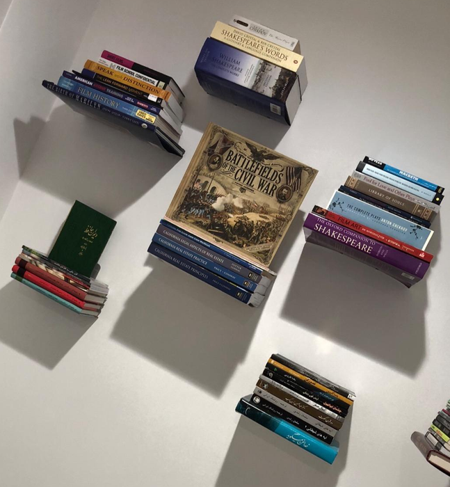A reviewer’s five floating bookshelves on display