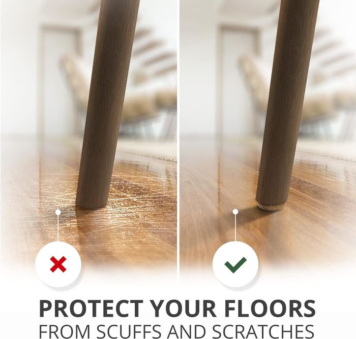 A split image showing furniture without protectors, leaving floors scratched underneath, and another with protectors on the legs, leaving the floors unmarked.