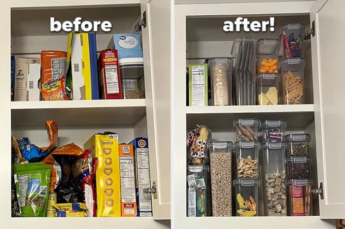 A reviewer shares before and after photos of pantry items neatly transferred into airtight food storage containers