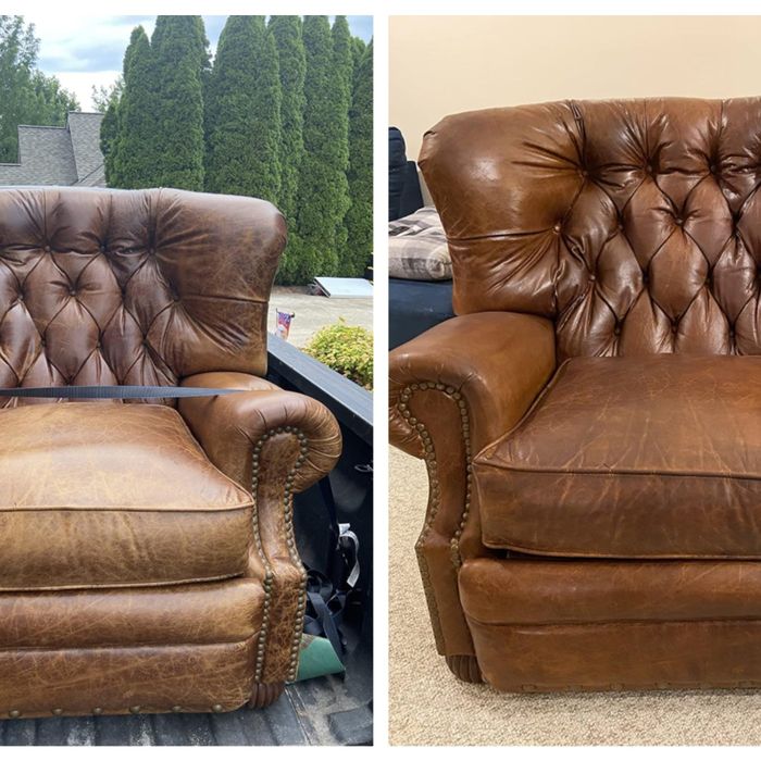 A reviewer’s brown leather armchair before and after applying leather polish, showing a notable transformation.