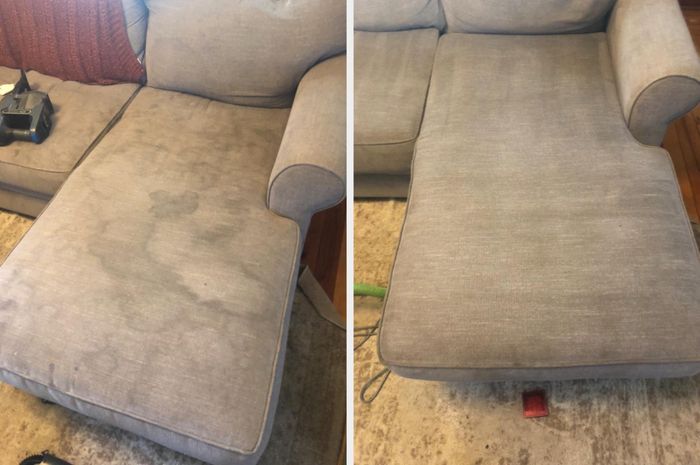 Before and after photo of a pee-stained couch that has been freshly cleaned