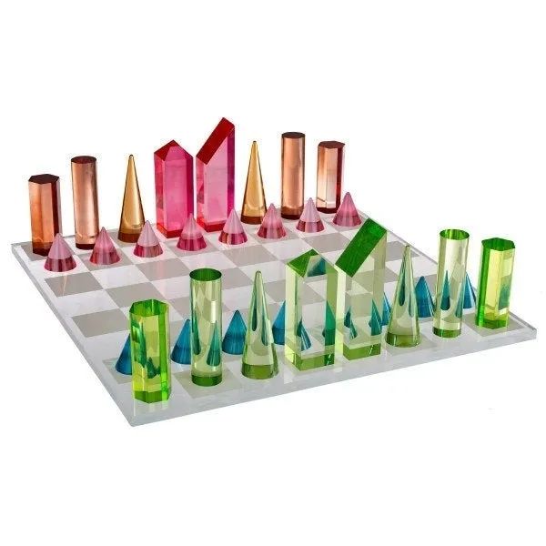 A sleek, modern chess set with bold, transparent pieces arranged on a stylish board, merging aesthetics with strategy.