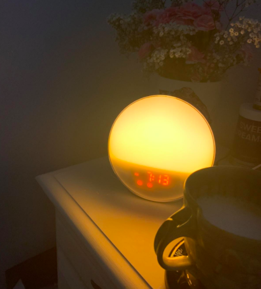 A customer-submitted photo of the alarm clock on their bedside table