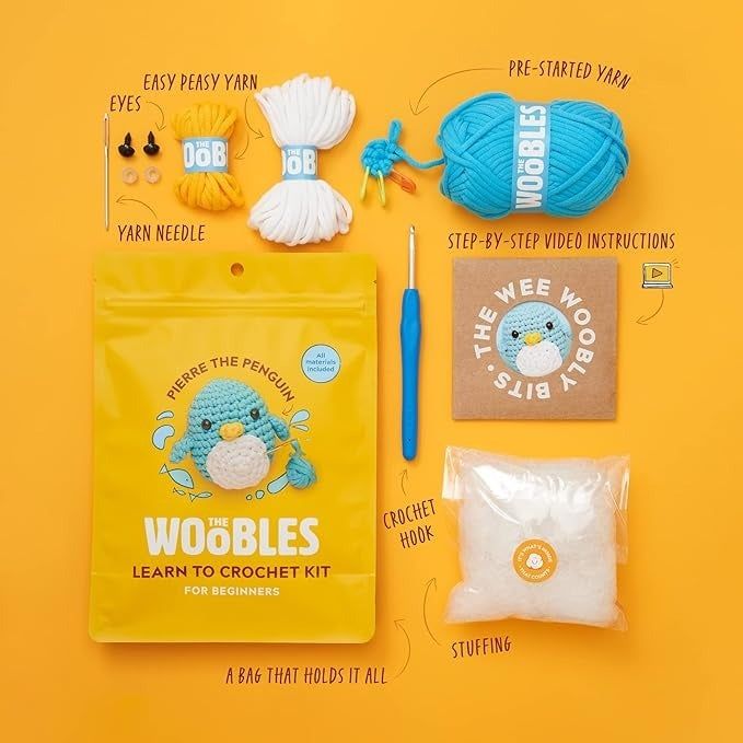 The materials included in the DIY crochet kit, ready to be used.