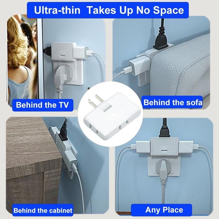 An ultra-thin plug adapter shown in various tight spaces to showcase its space-saving design. Text: