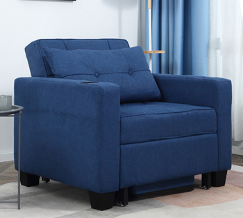 A deep blue, padded armchair with comfortable armrests.