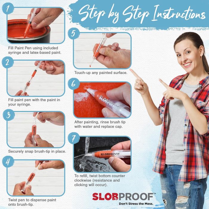 A step-by-step guide demonstrating how to use the Slobproof paint pen for seamless touch-ups.