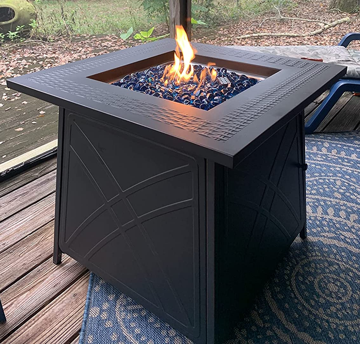 Reviewer image showcasing a sleek black fire pit with mesmerizing flames.
