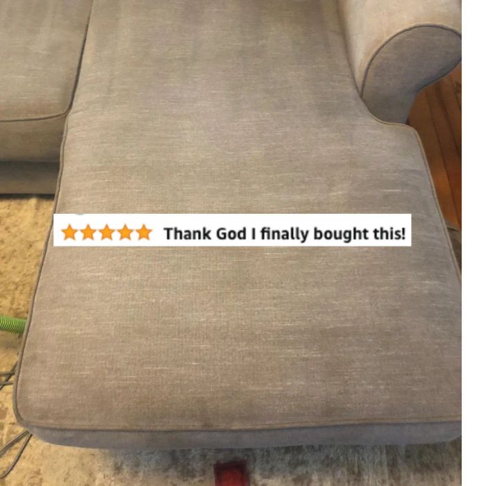 The same sofa, now spotless, with a glowing five-star review text
