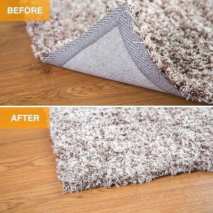 Before and after shots of a shag carpet. The 'before' image shows the rug’s underside curled up, while the 'after' image showcases it lying flat and smooth on a wooden floor