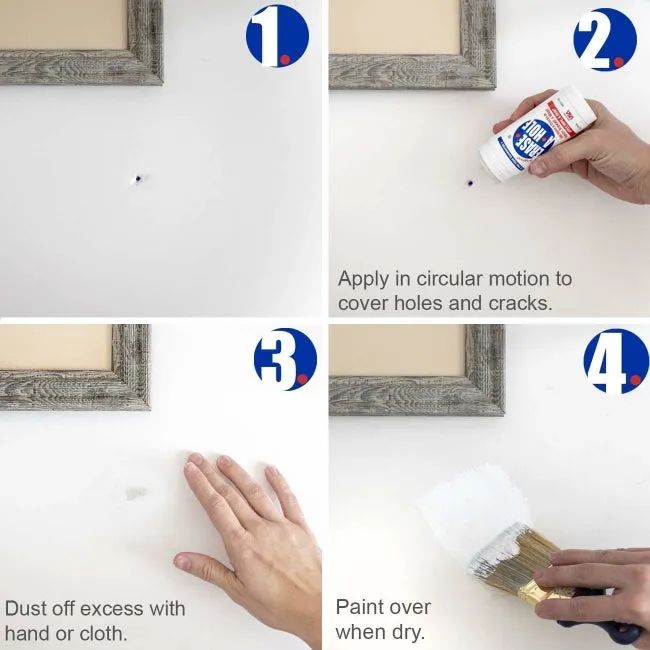 A series of images demonstrating how to apply the drywall repair putty to fix holes and cracks in the wall.
