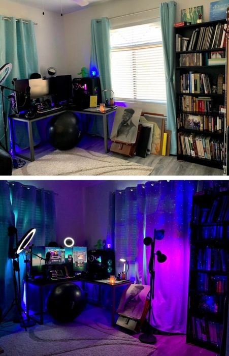 A home office setup with dual monitors, a microphone, a ring light, and bookshelves, showcasing a lighting transformation for a more cozy and organized look
