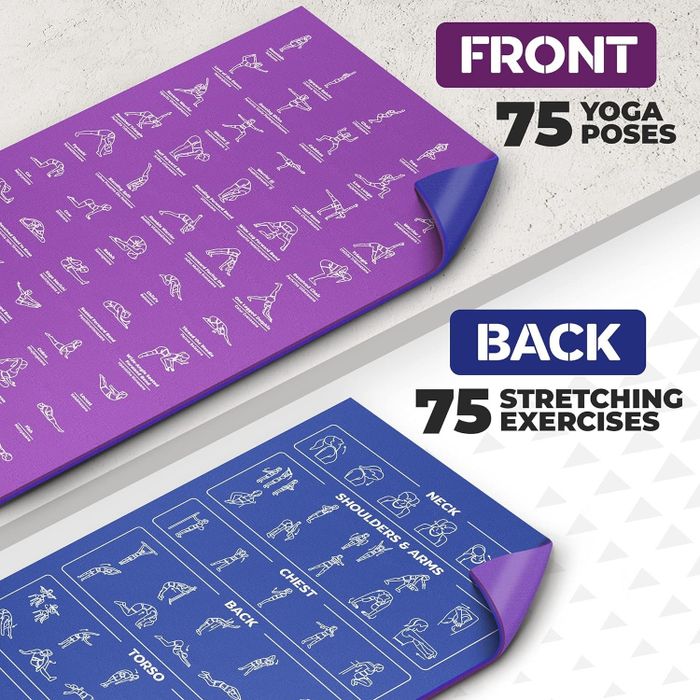 A yoga mat displaying 75 yoga poses on the front and 75 stretching exercises on the back, designed to guide your workout sessions.