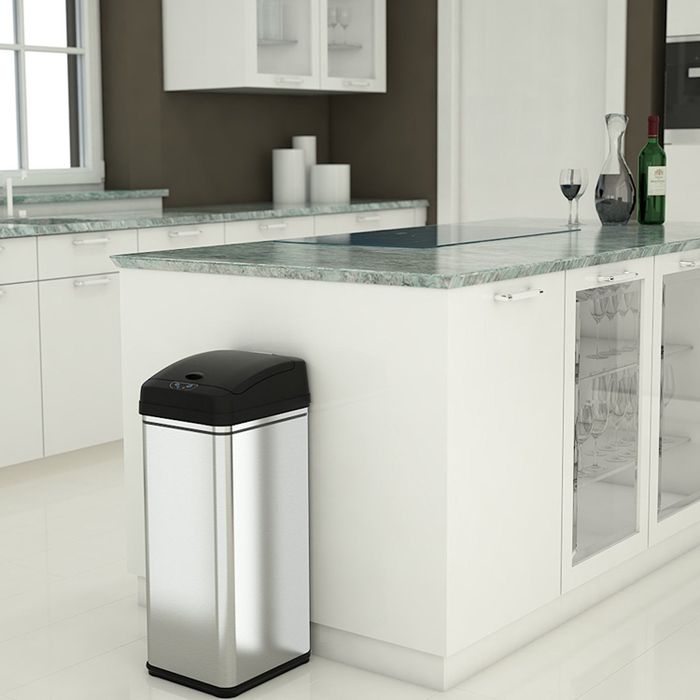 A sleek stainless steel trash can