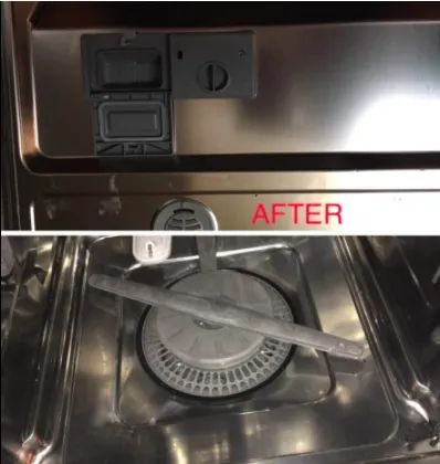The same reviewer's photo of the dishwasher now spotless and sparkling clean inside.