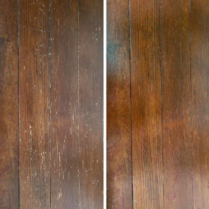 Before and after showing floor scratches removed and covered up with the furniture markers